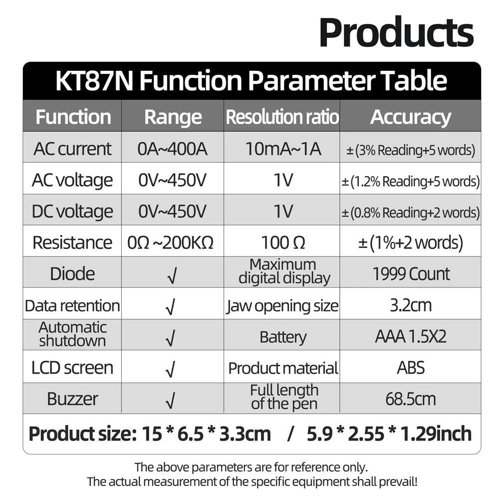 Kt87n Clamp Meters Ac/dc 0v-450v Voltage Ac 0a~400a Current  0ω~200kω Resistance Meter Hd Lcd Digital Display