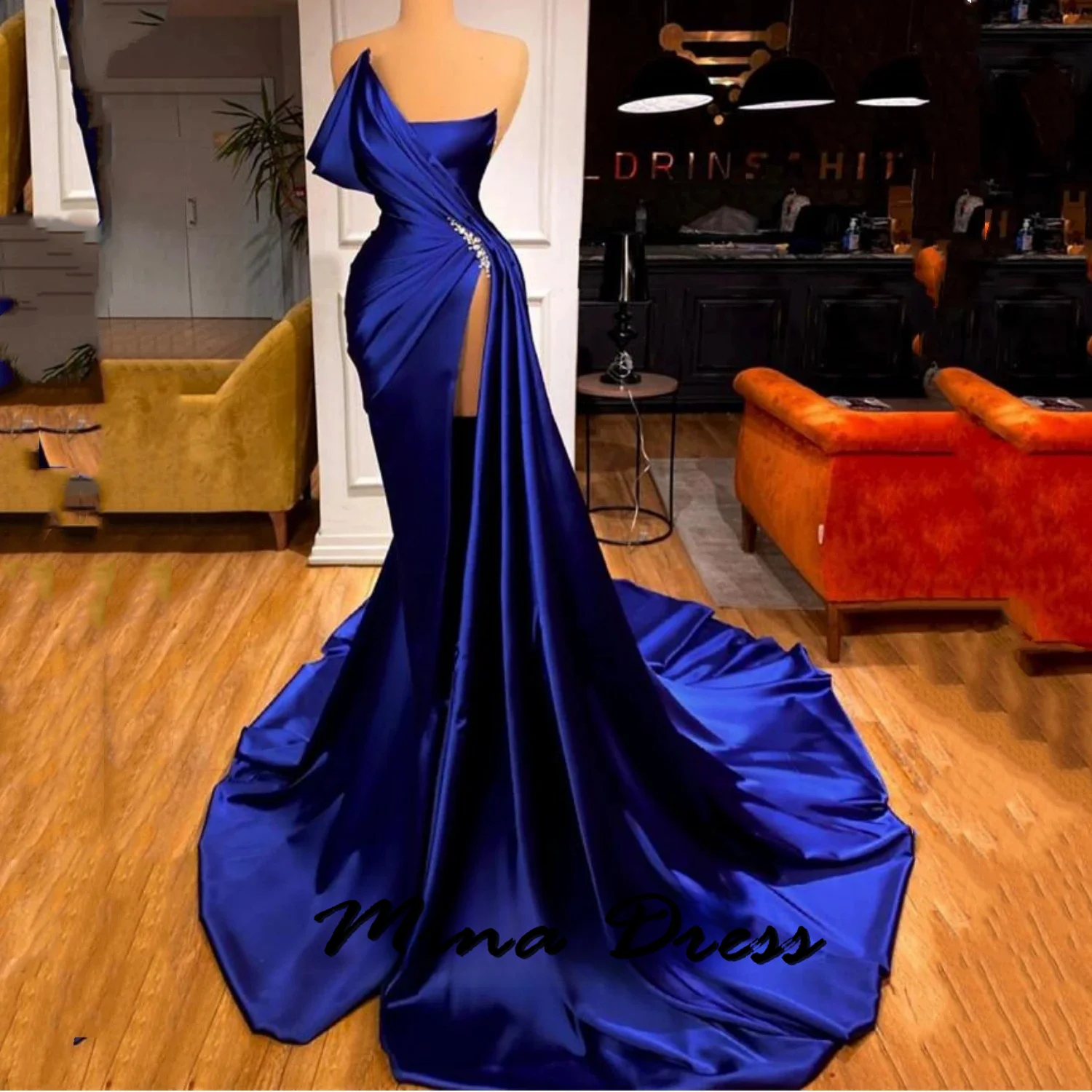 

Satin Elegant Evening Dress Woman High Side Slits V-neck Mina Luxurious Women's Evening Dresses for Formal Occasions Beads Prom