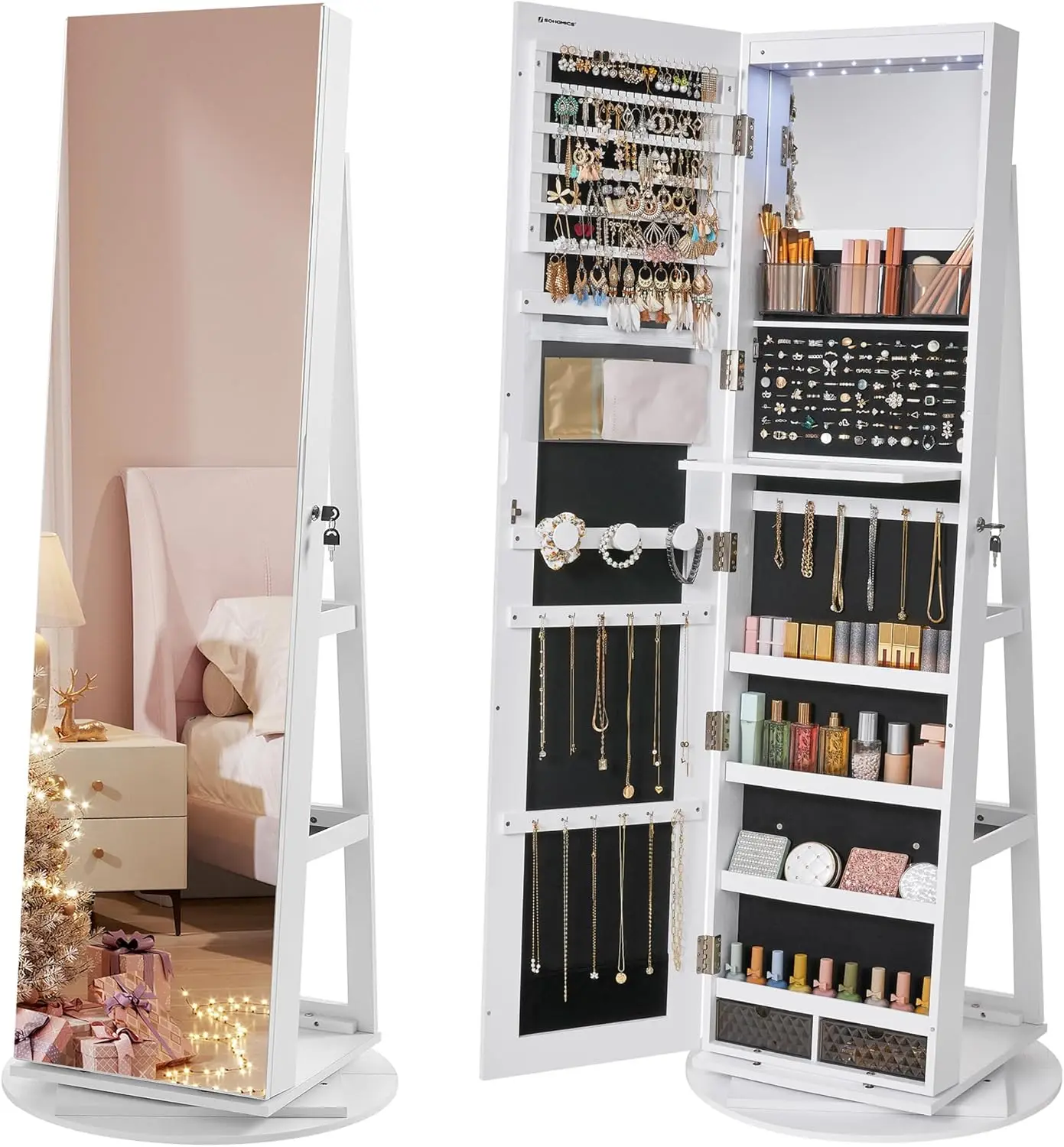 6 LEDs Lockable Mirror Jewelry Cabinet, 360° Swivel Jewelry Organizer, Standing Jewelry Armoire, Frameless Full-Length