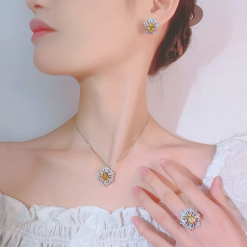 Jewelry Set Earrings Rings Necklace Colorful Zircon Yellow Diamond European and American Style High-end Women's Shipping