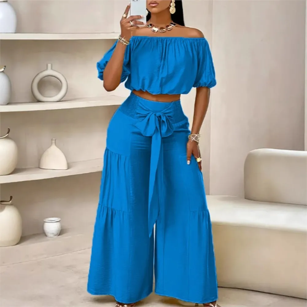 

Sexy One-shoulder Ultra-short Top + Wide-leg Long Pants Women 2piece Set Elegant Fashion Pleated Bow Long Pants Female Party Set