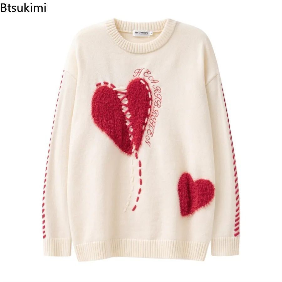 

Men's Plucked Woolen Heart Oversized Round Neck Knitted Sweaters Love Tie Long Sleeve Regular Length Casual Hip Hop Outerwear