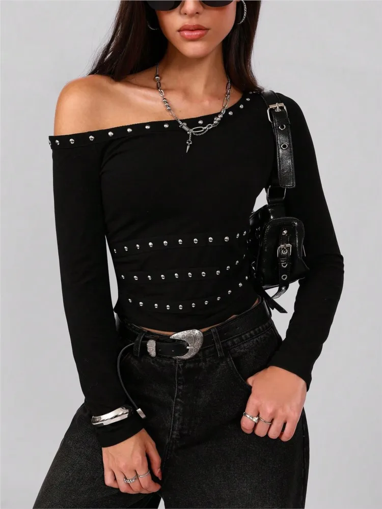 

New Spring Fall Y2k Sexy Women Off Shoulder Long Sleeve Slim T Shirt, Vintage Pullover Cropped Tops, Streetwear, Gothic Outfits