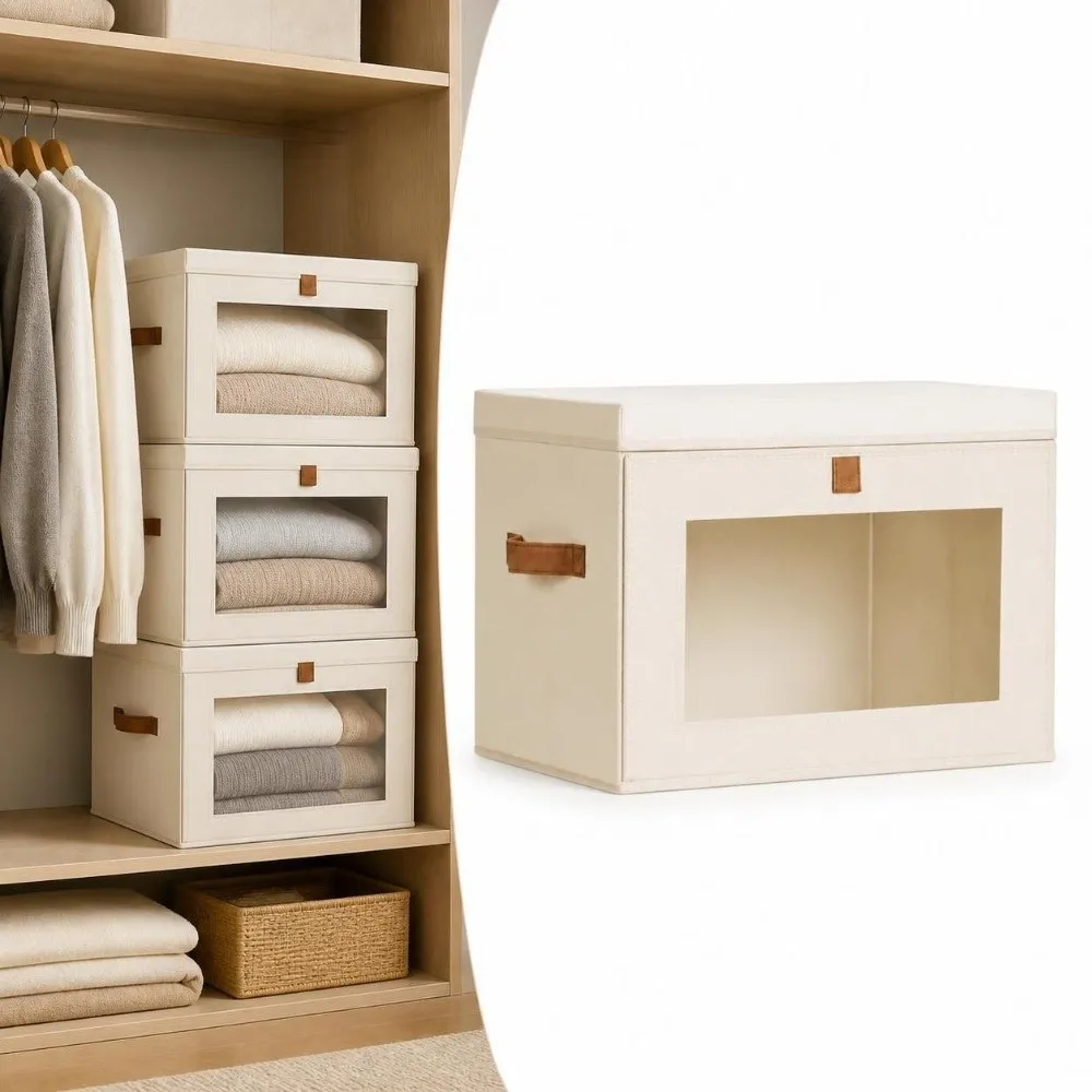 Visible Window Foldable Cloth Storage Box Stackable with Handle Wardrobe Storage Box Fabric Storage Bin Sundries Organizer