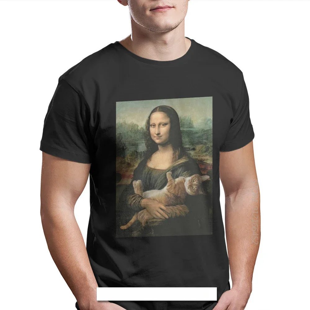 Vintage Alternative Funny Artwork Mona Lisa With Cat Men Tshirt Graphic Clothes Oversize Design Pure Cotton Harajuku T Shirt