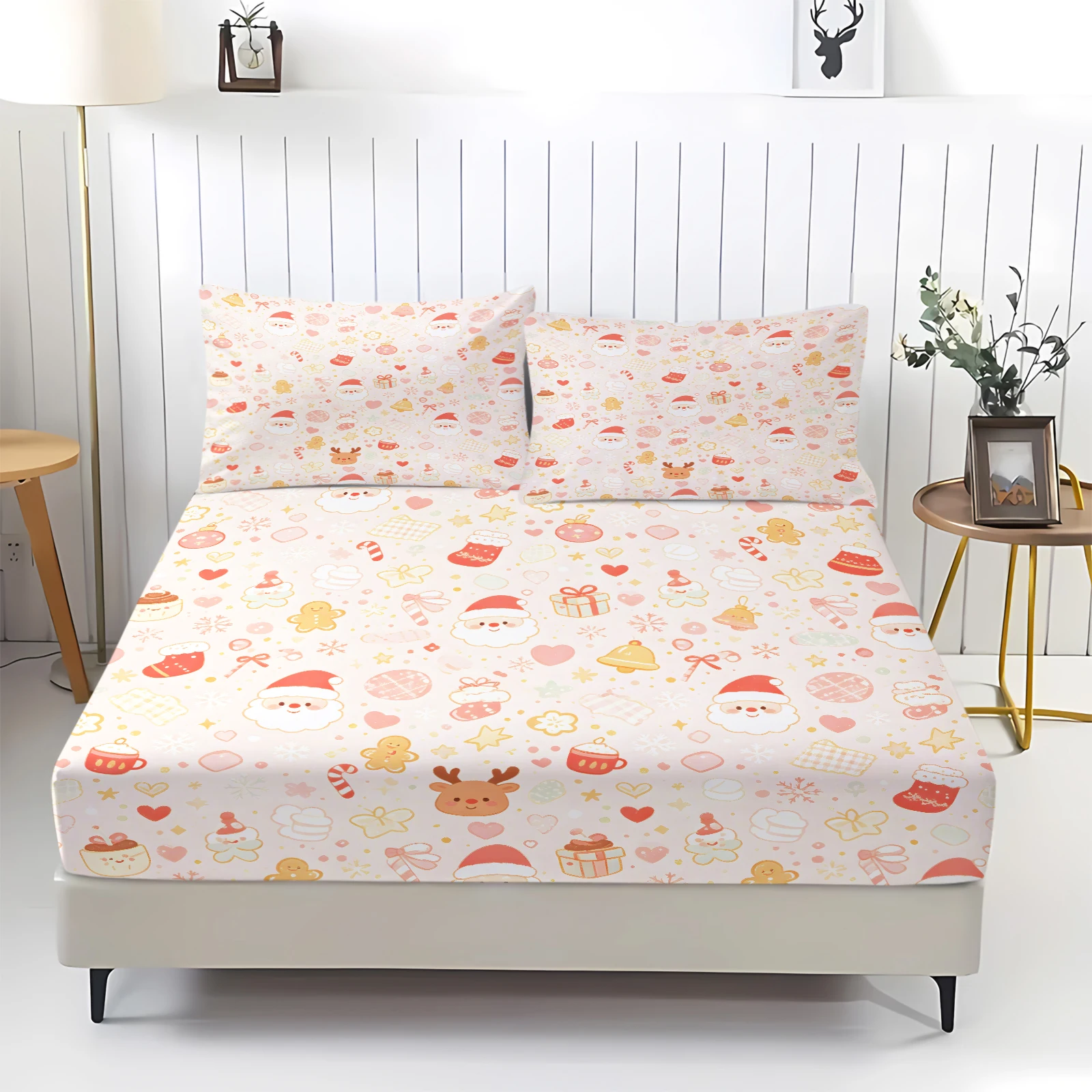 Cute Pink Christmas Fitted Sheet Set Santa Gingerbread Reindeer Print Elastic Mattress Cover with Pillowcases Holiday Bedding