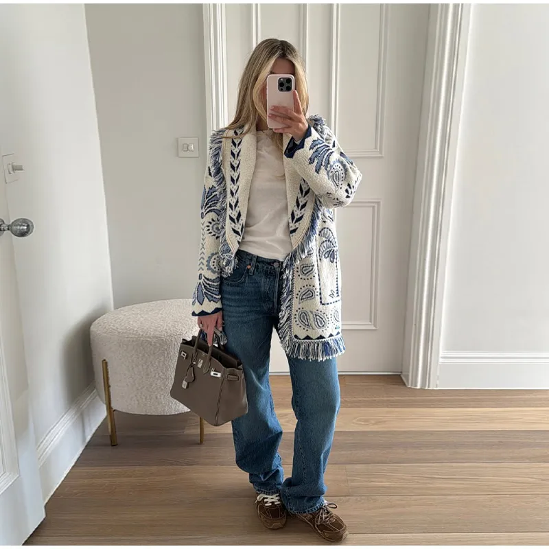 Knitted Jacquard Tassels Patchwork Cardigans Women Sweaters Long Sleeve V-neck Thicken Vacation Sweater 2025 Autumn Coats Tops