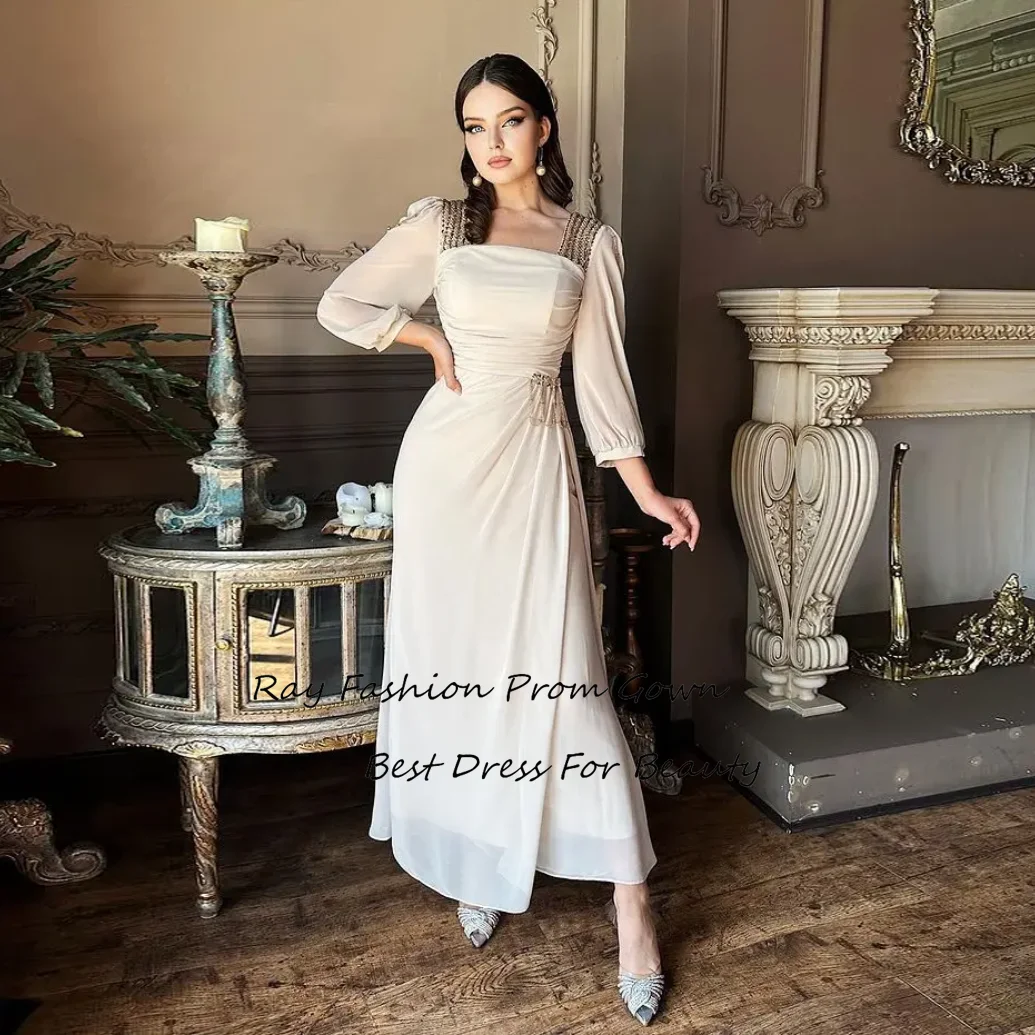 Ray Fashion A line Evening Dress Chiffon Square Neck Long Sleeves With Beading For Women Formal Occasion Party Gown فساتين سهرة