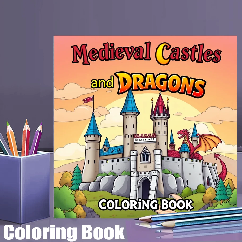 28 Pages Original Medieval Castles and Dragons Coloring Book for Adult | Colouring Book, Drawing Supplies for Christmas