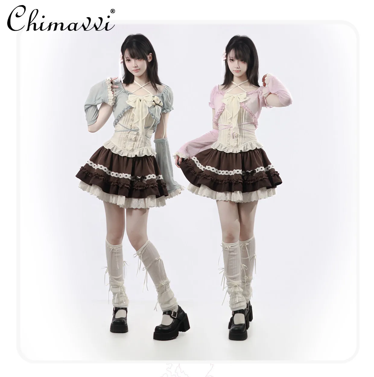 

Japanese Style Water Color Tie Back Bra Blouse Cake Skirt Suit Summer New Sweet Girl Cute Slimming Students Womens Outfits