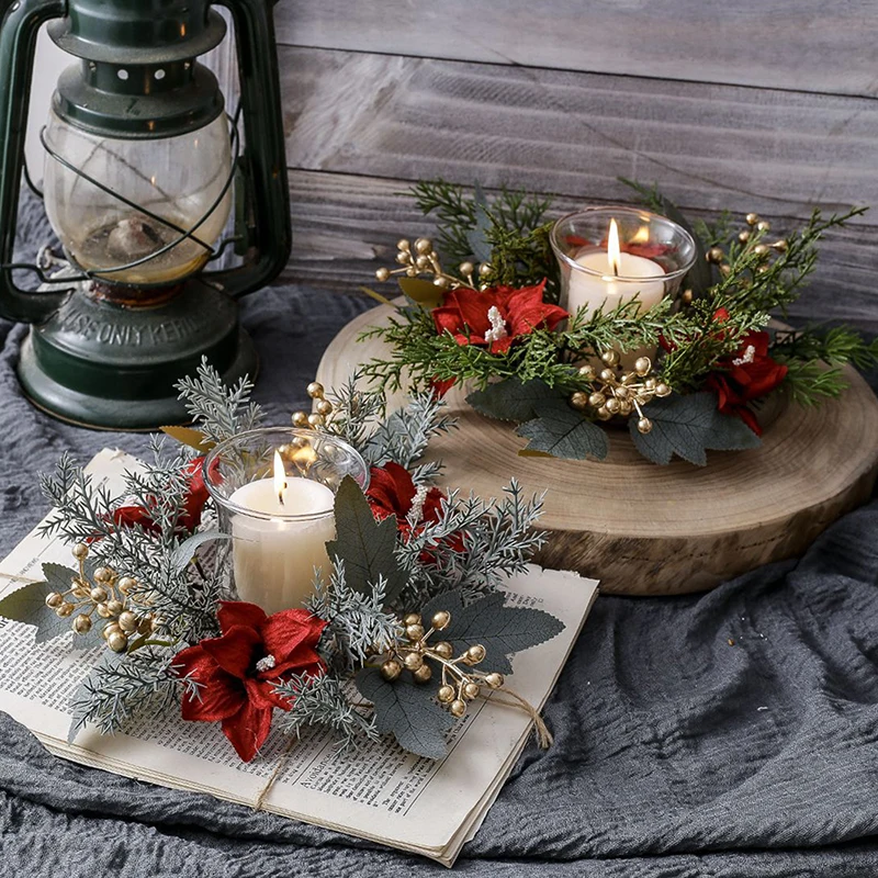 

Christmas Candlestick Wreath Artificial Flowers Candle Ring Xmas New Year Table Decoration Candle Holder Garland