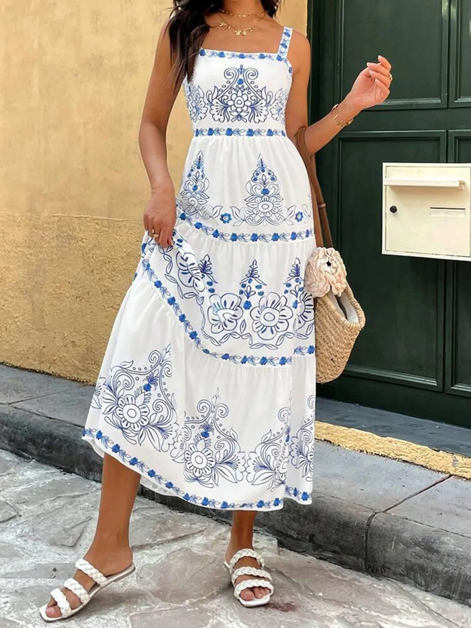 Vestido maxi feminino com babados, sem mangas, boho, estampa floral, evasê, verão, vestido de praia fluido com bainha em camadas