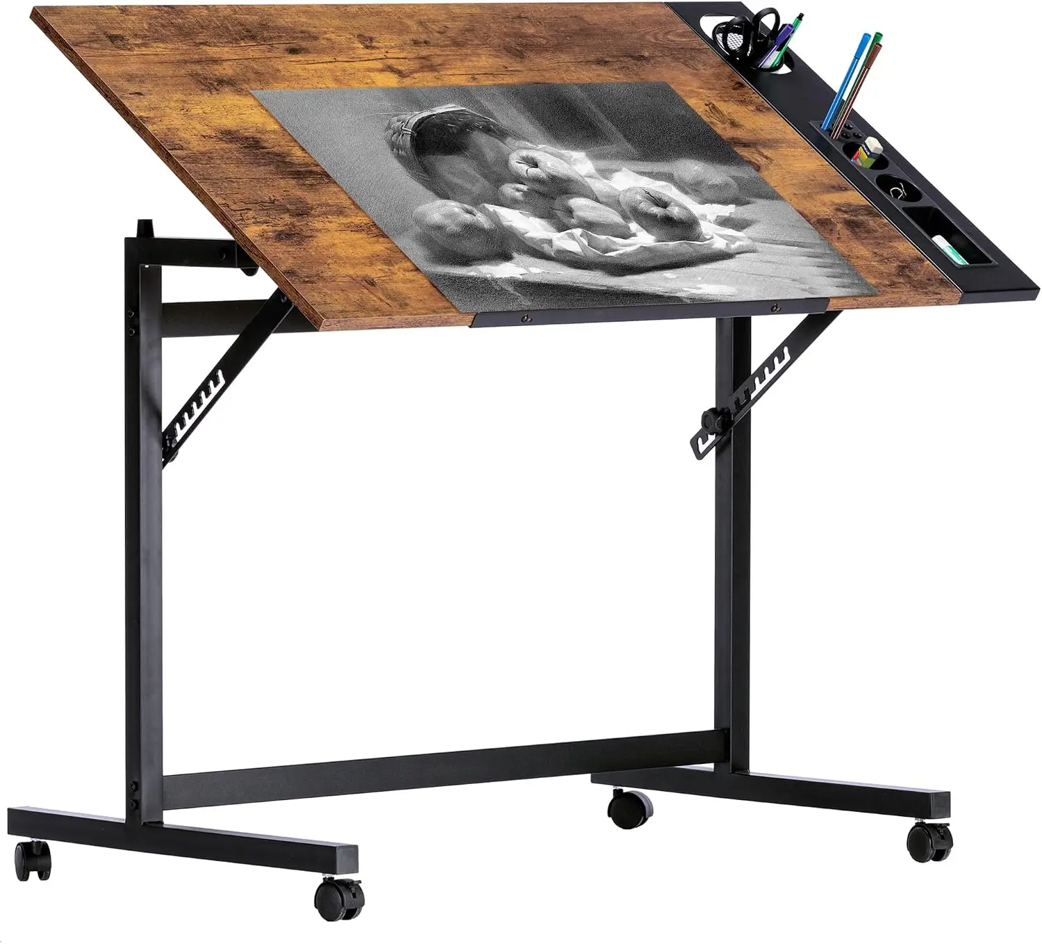 VECELO Vintage Drawing Drafting Table, Adjustable Tilting Top Art Desk Craft Work Station with Pencil Ledge, Lockable Slide Roll