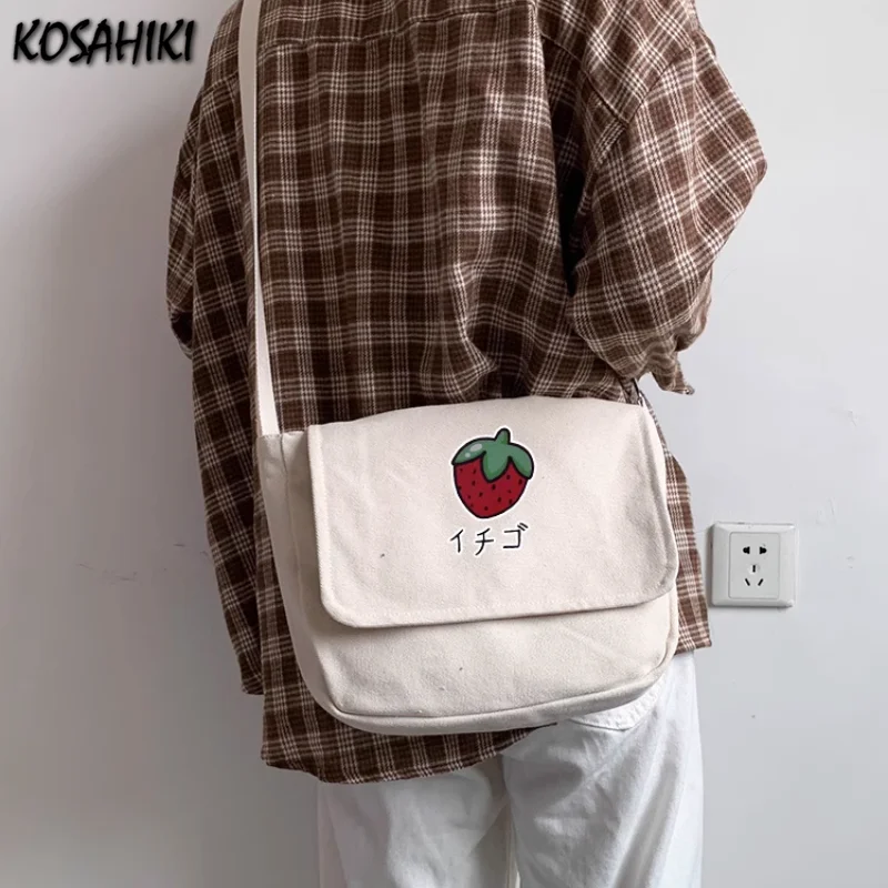 Sweet Strawberry Print Crossbody Bags Casual New Ins Trendy Y2k Aesthetic Canvas Bag Vintage Korean Shoulder  Handbags Women