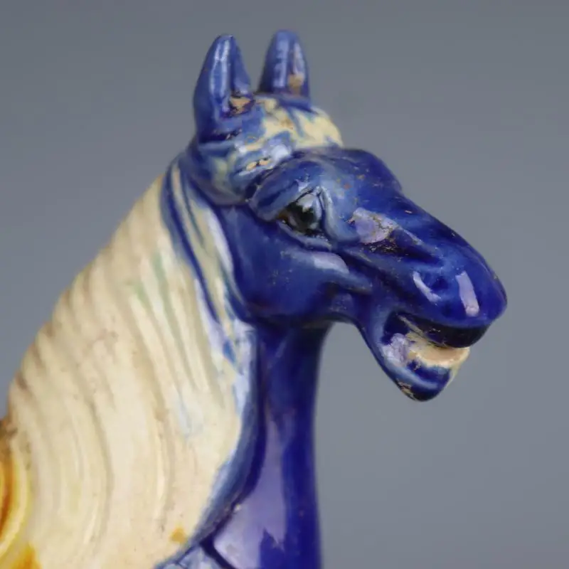 Chinese Tang Tri-Color Glazed Ceramics Blue War Horse Porcelain Statue 8.7 Inch