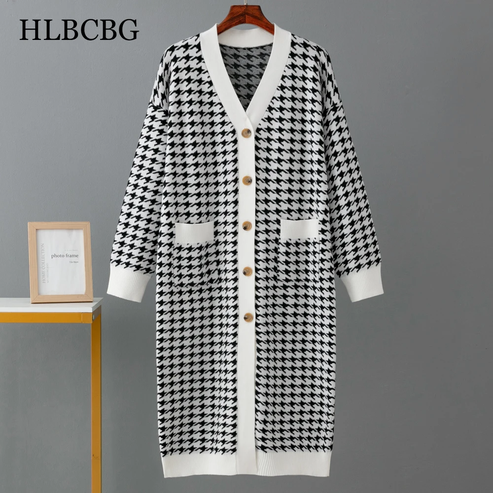 HLBCBG Vintage Jacquard Knit Dress Women Single Breasted V Neck Loose Sweater Dress Autumn Winter Bodycon Split Sweater Dresses