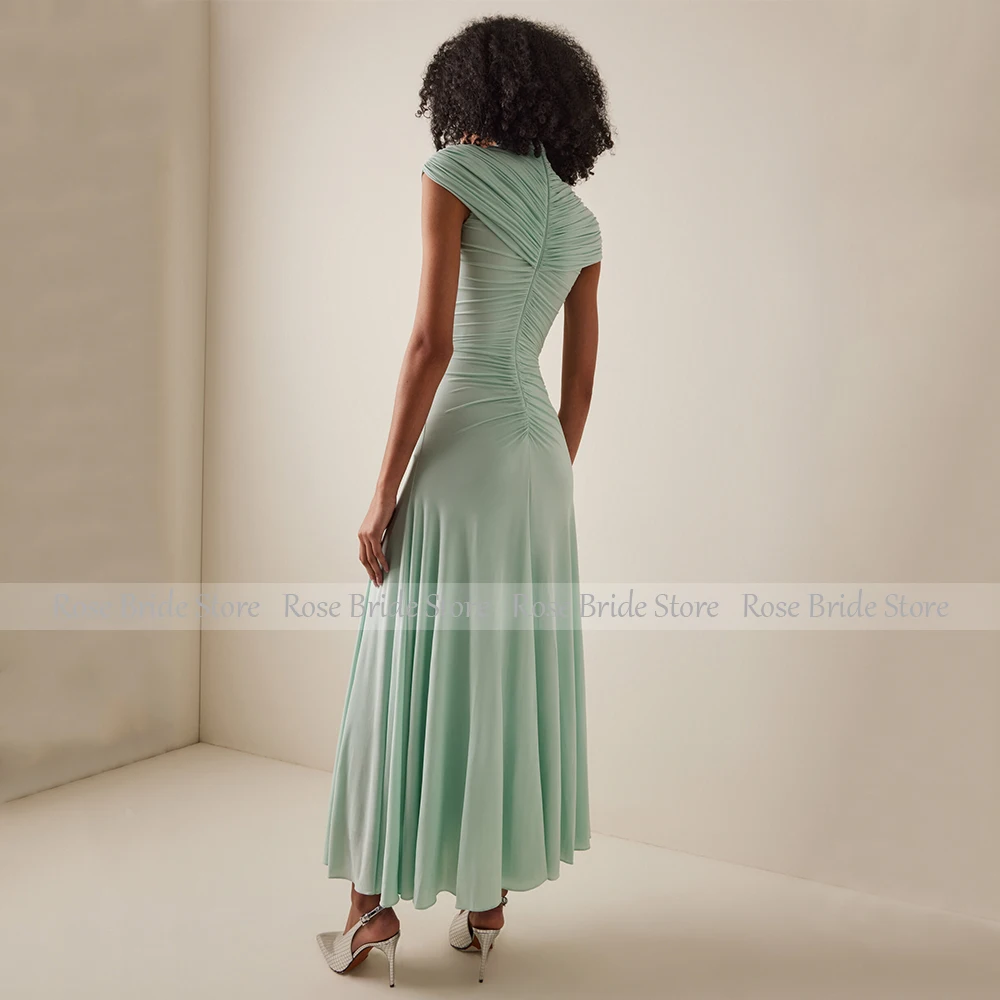 Mint Formal Party Dress Maxi Pleated Spandex Tulle High Collar Mermaid Evening Gowns for Women Cap Sleeve Ankle Length Prom Gown image 2