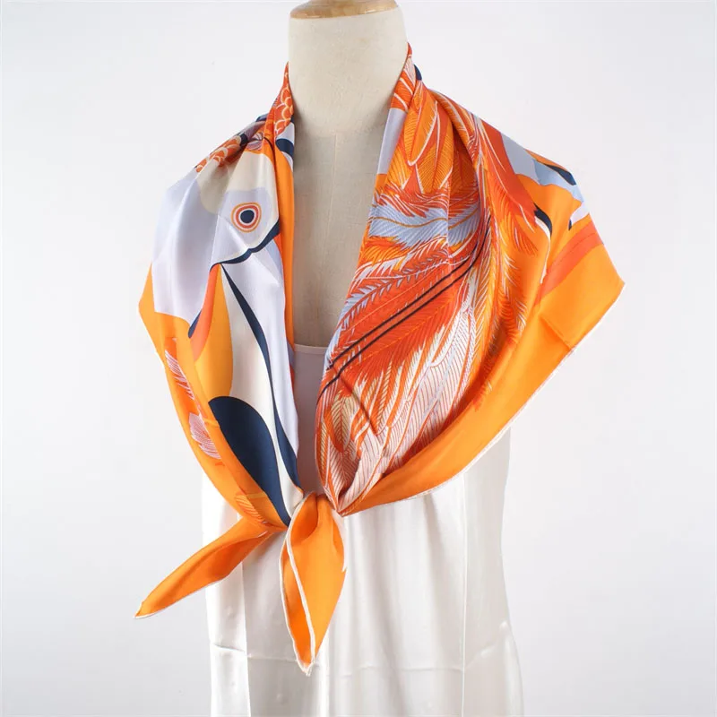 Orange Prints 100% Silk Scarf Shawl Womens Fashion Silk Neckerchief Necktie Hand Rolled Edges 35