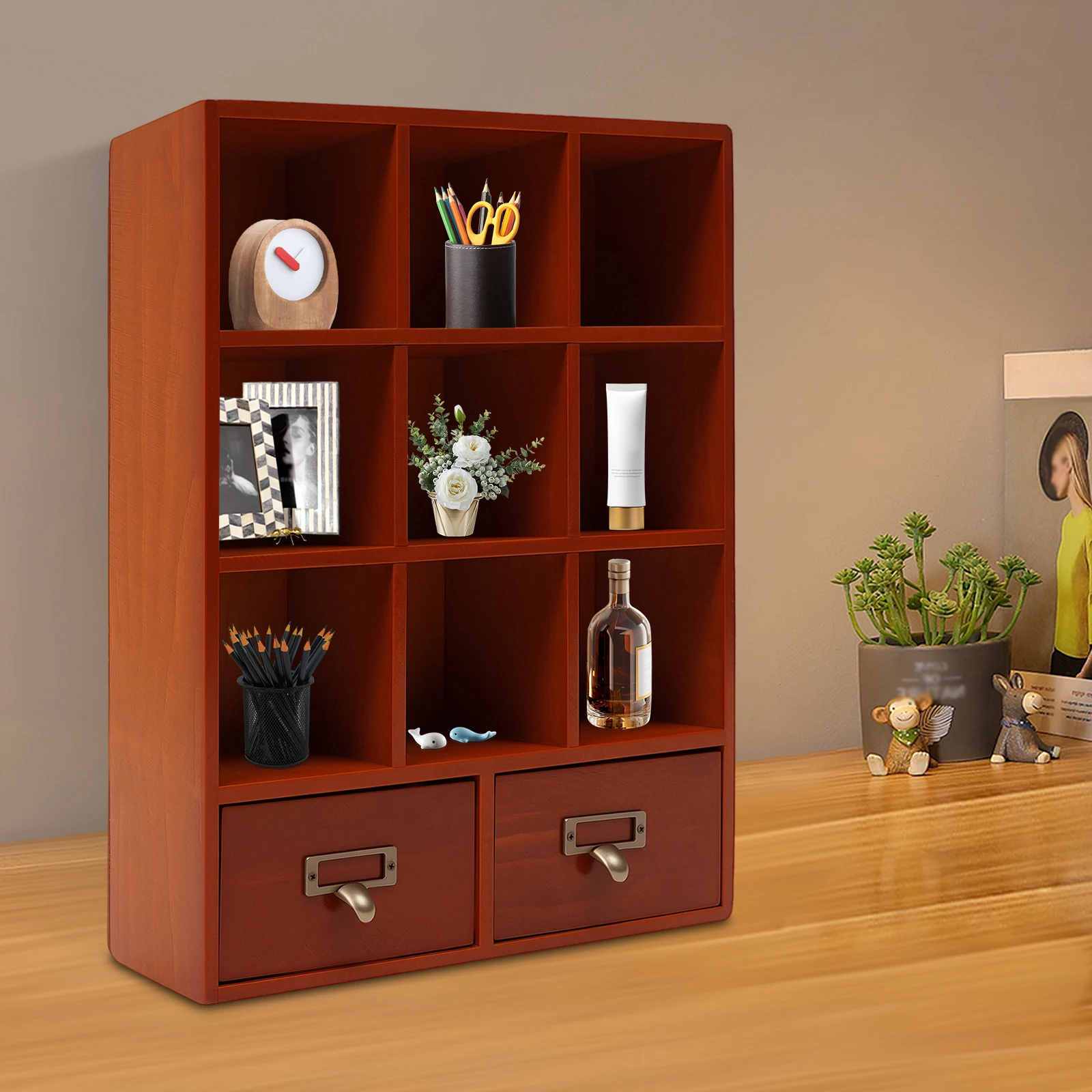 Wooden Storage Divider Box Showcase Display Box Organization Tabletop Box with 9 Compartments and 2 Drawers for Home Storage