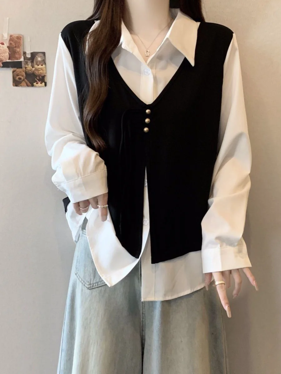 

plus Size Women's Shirt Vest Concealed Belly Small Fragrance Style Long Sleeve Collar Button down Casual Wear Polyester ...