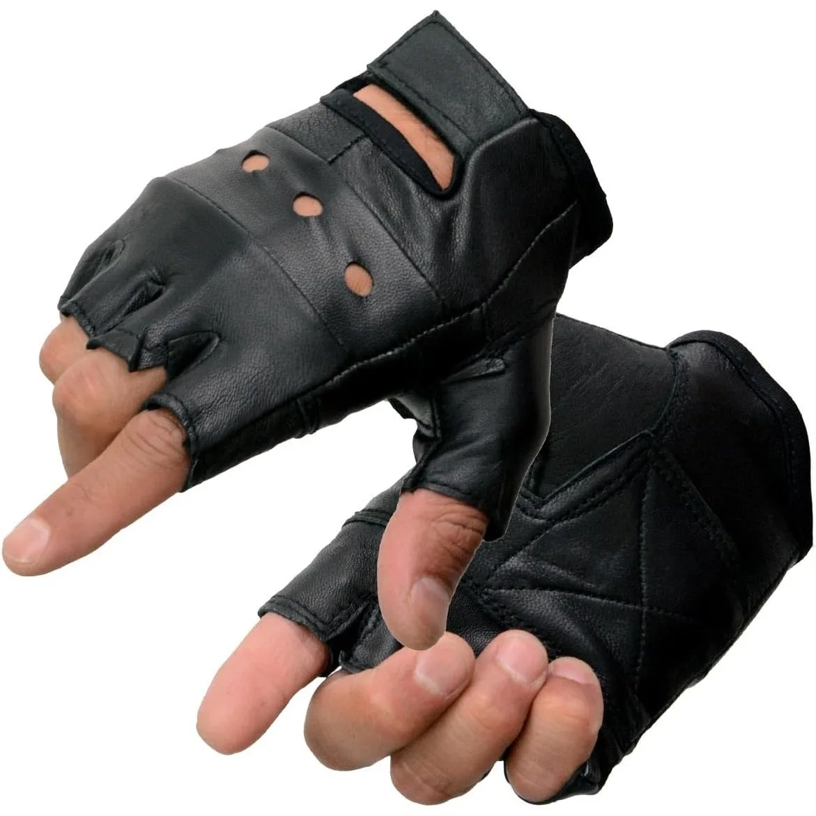 

Men's Black Leather Gel Padded Palm Fingerless Motorcycle Gloves with Breathable Open Knuckle