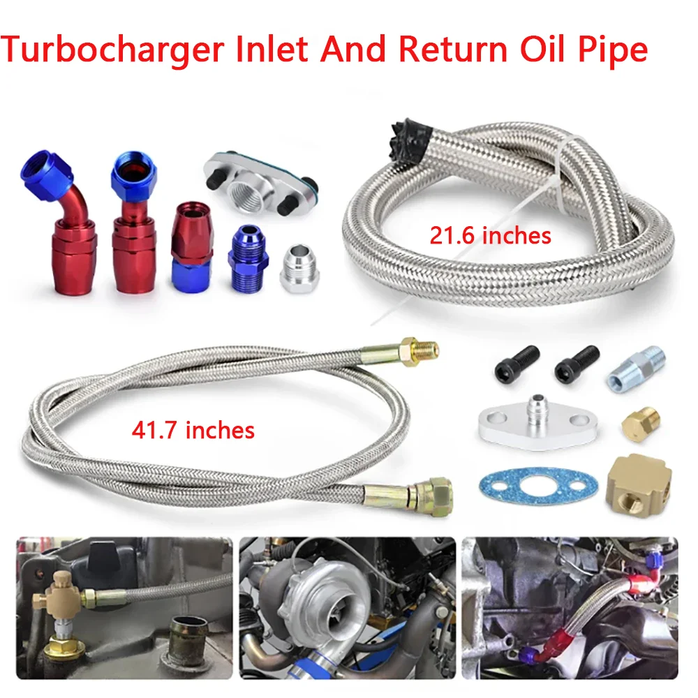 Universal Turbo Charger Oil Feed Line Oil Return Line Oil Drain Pipe Complete Kit Compatible with T3 T4 T3/T4 T70 T66 T04E Silve