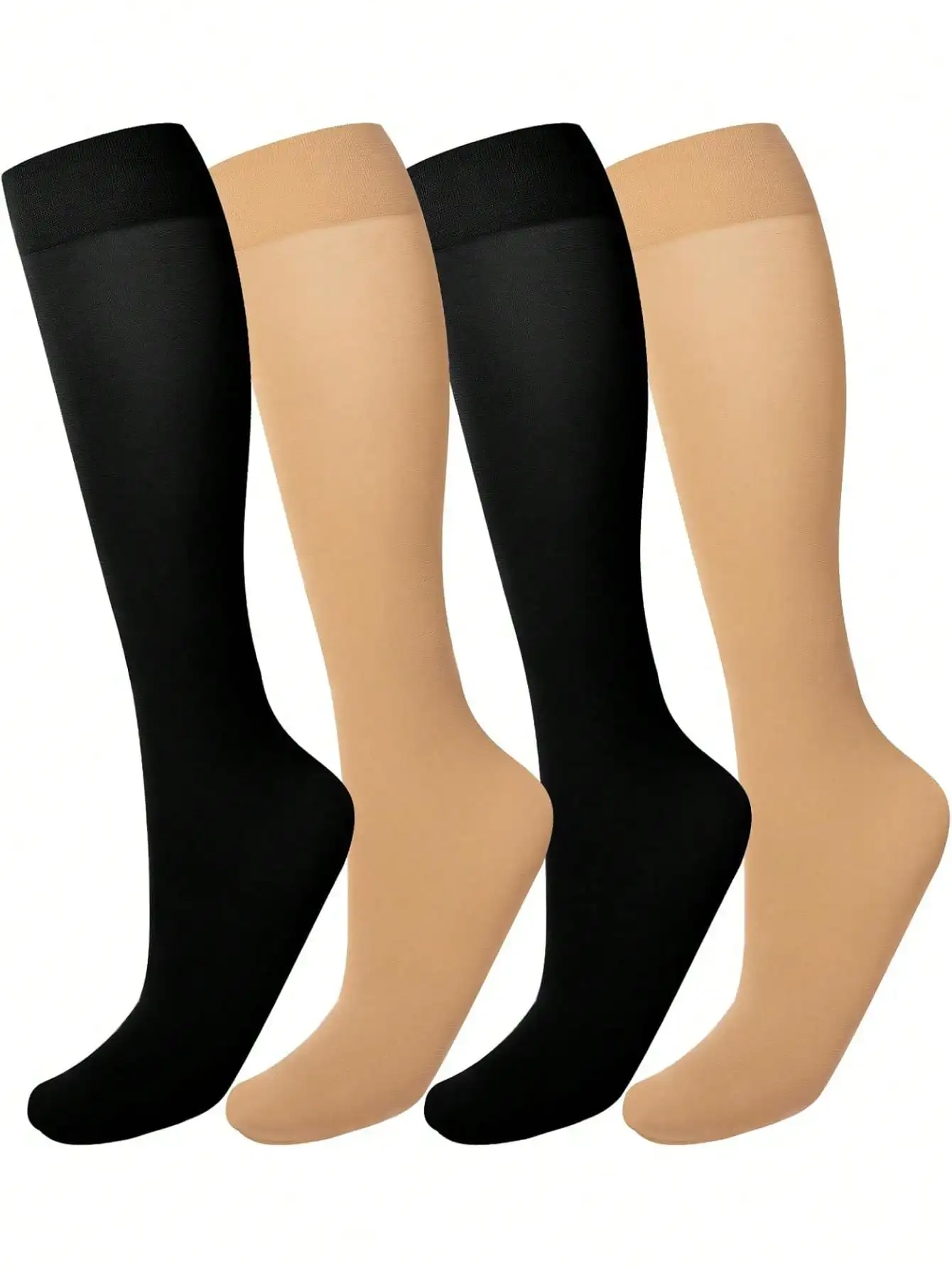 

Women's Knee High Socks 2 Pairs - Black & Beige Semi Opaque Nylon for Daily Wear