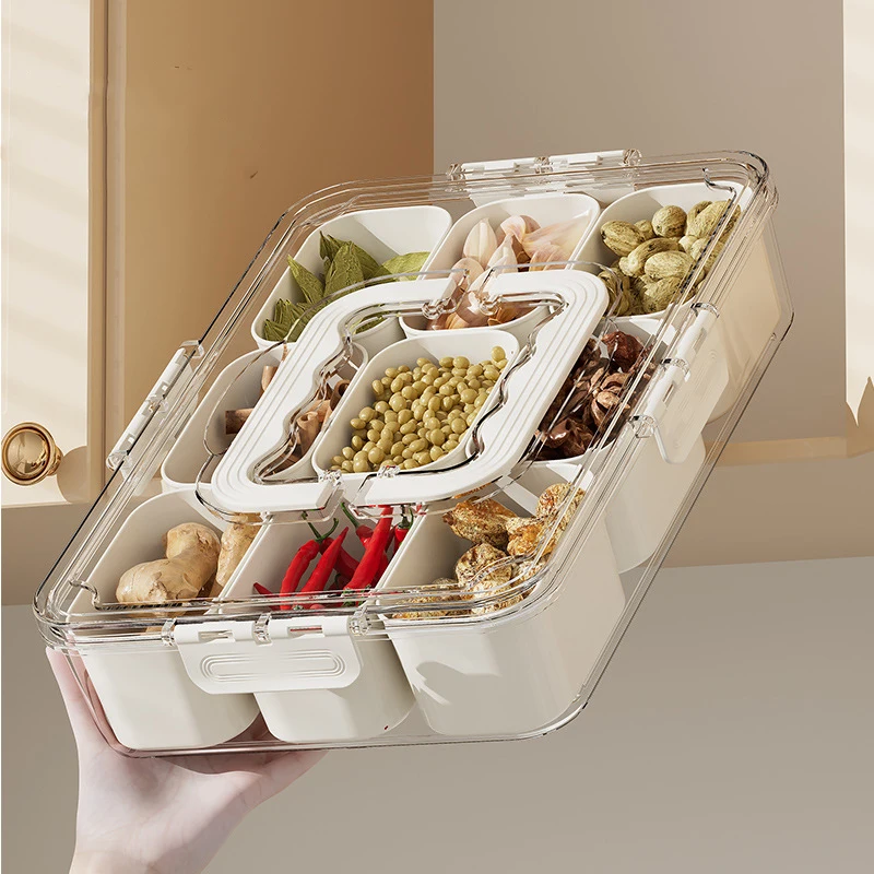 Snackle Box Container with Lid Handle Divided Clear Snack Box Serving Tray Refrigerator Organizers and Storage for Fruit Veggie