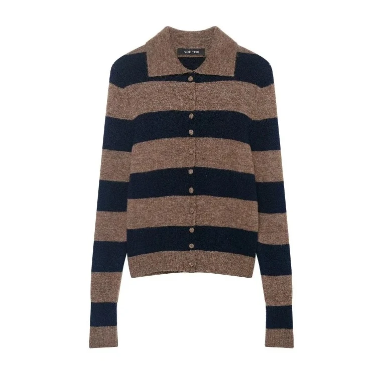 

Spring Autumn Turn-down Collar Long Sleeve Striped Knitted Cardigan Women Single Breasted Versatile Tops Female Chic Wear