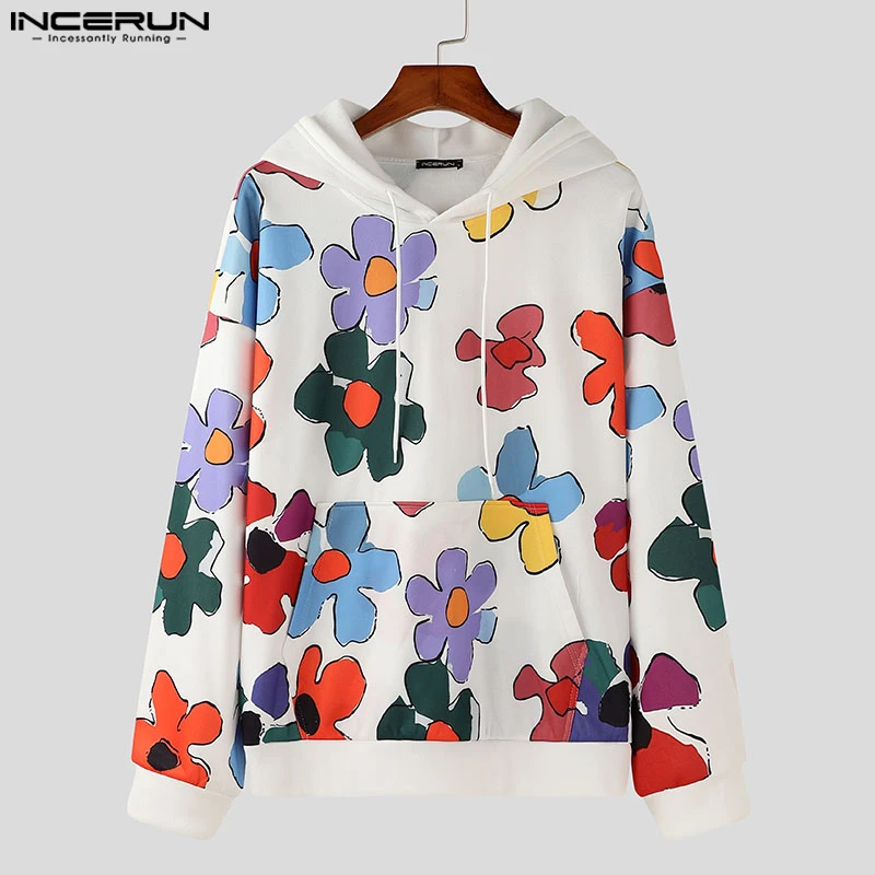 INCERUN Men Hoodies Long Sleeve Drawstring Colorful Floral Printed Holiday Pullovers Big Pocket Autumn Streetwear Sweatshirts