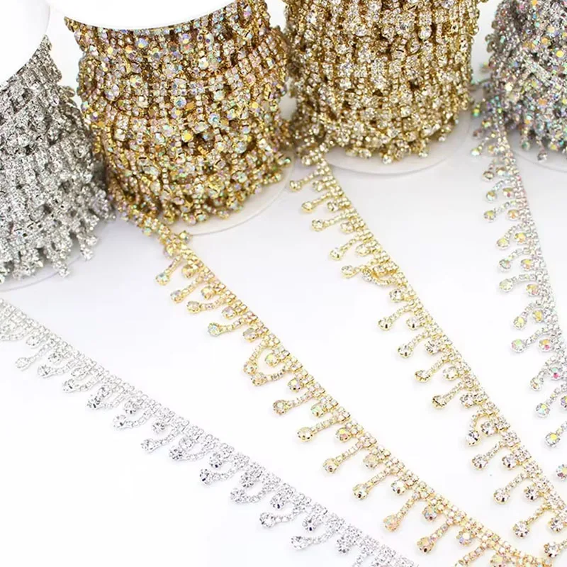 Nouveau pendentif à pompon court de 1 yard avec bordure en strass, chaîne en métal et cristaux, utilisé pour les robes, les sacs, les chaussures et les accessoires