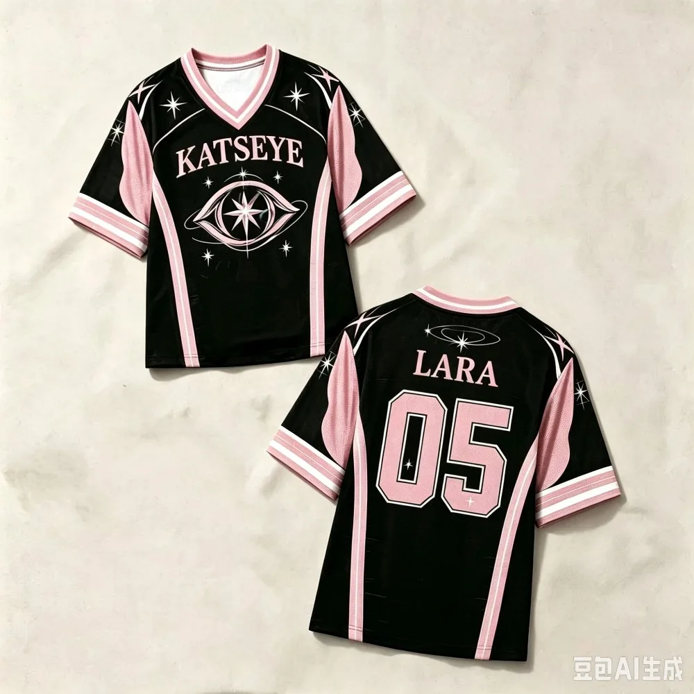 2026 Hot Sells Y2K KATSEYE Style Printed Colorblock T-shirt Summer V‑Neck Fashion Short Sleeve Soccer Jersey Top Family Matching