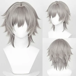 Synthetic Short Straight Grey Wig Caelus Cosplay Game Anime Men Fluffy Heat Resistant Wig for Daily Party