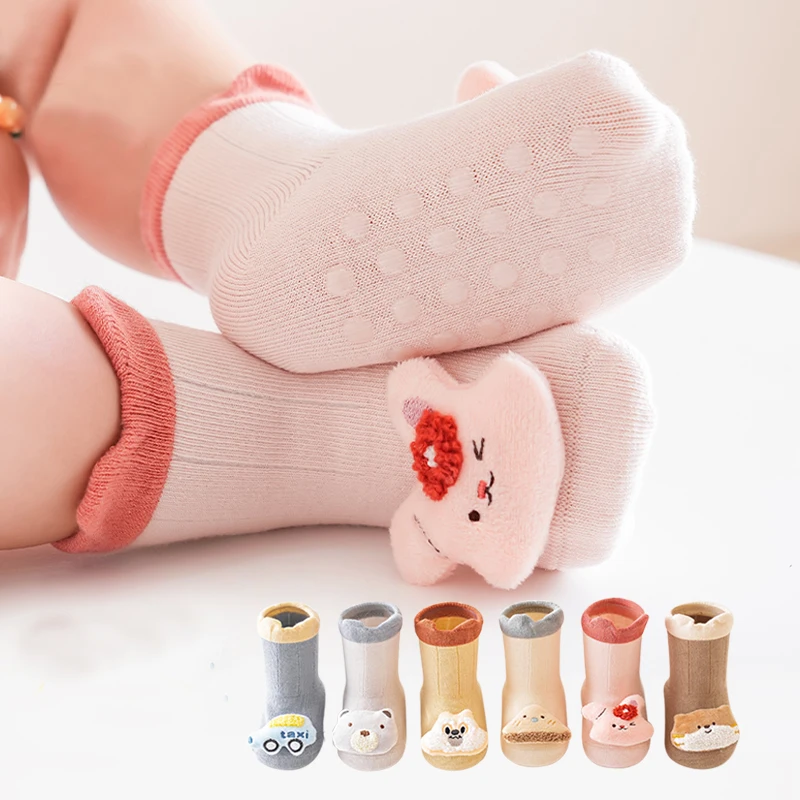 Suefunskry Baby Girls Boys Crew Socks Cute 3D Doll Cotton Socks with Grippers Non slip Floor Socks for Infants Toddlers