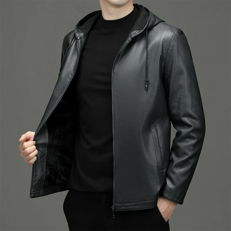 Hooded Ecological Leather Coat for Men Autumn Winter High Quality Men's Hat Motorcycle Leather Jacket Thin or Velvet Clothing