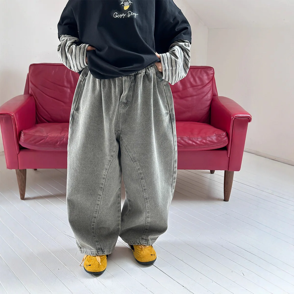 

Детская одежда, детские повседневные джинсовые брюки, новые свободные универсальные модные однотонные детские свободные простые джинсы для мальчиков и девочек