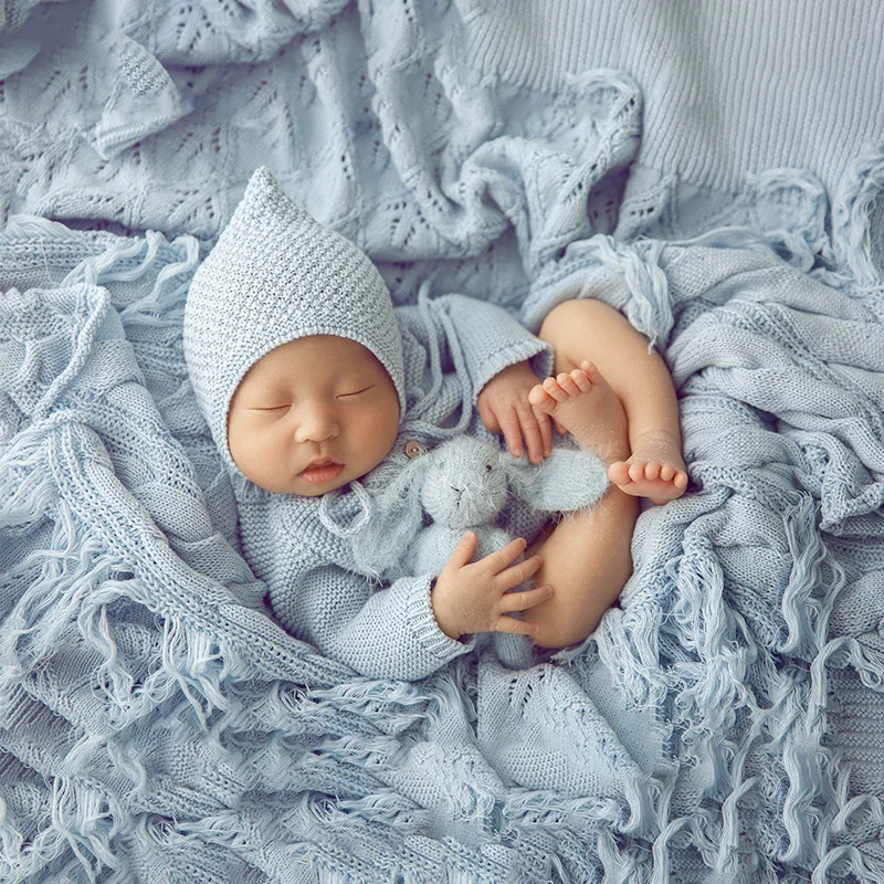 Combinaison Chapeau Triangle pour Bébé, Tenue de Photographie pour Nouveau-Né, Mohair Lapin Beurre, Couverture Tressée à Franges, Accessoires de Séance Photo