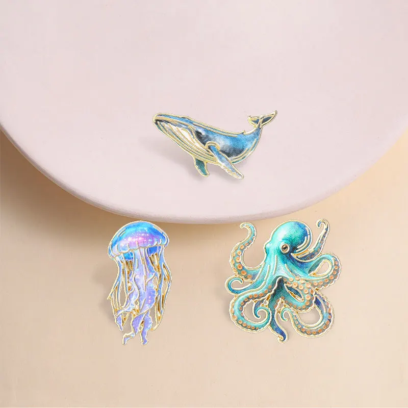 Cute Blue Green Octopus Enamel Pin Ocean Style Gold Outline Brooch for Sea Lovers Nature Outfit and Daily Wear Gift Style