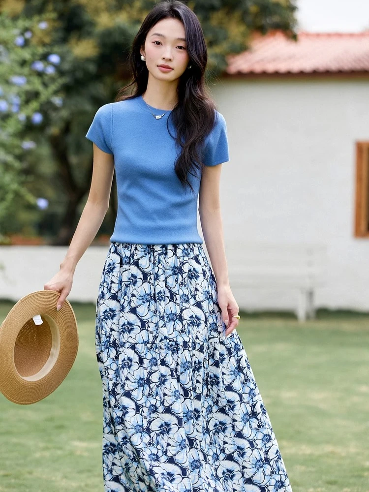 

VIMLY Dress Sets Summer Outfit Woman 2025 Elegant Knitted Short Sleeve Floral Printing A-line Skirt Two-piece Women's Set A1866