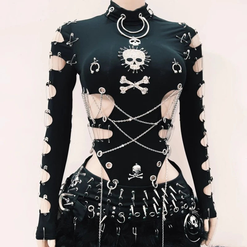 Gótico preto escuro oco para fora colete de uma peça feminino original indústria pesada punk saia curta sexy doce legal saias terno senhoras