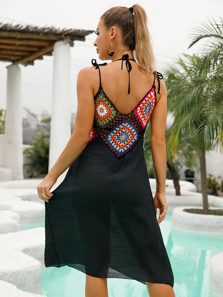 Splicing lavorato a maglia all'uncinetto Modello colorato Tunica con scollo a V Abbigliamento da spiaggia Abito copricostume bikini cavo Costume da bagno Abito ampio da spiaggia