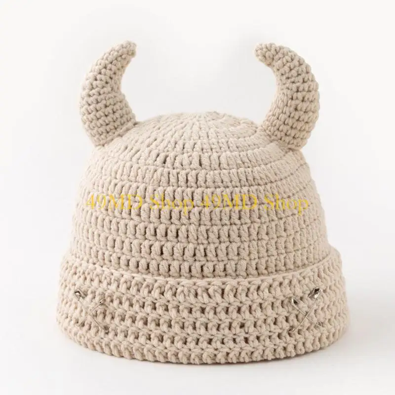 49MD Devil Horn Crochet Cap for Unisex Outfits, Brimless Fall Winter Hat with Front Pin Accent Casual Cap for Halloween Outfit