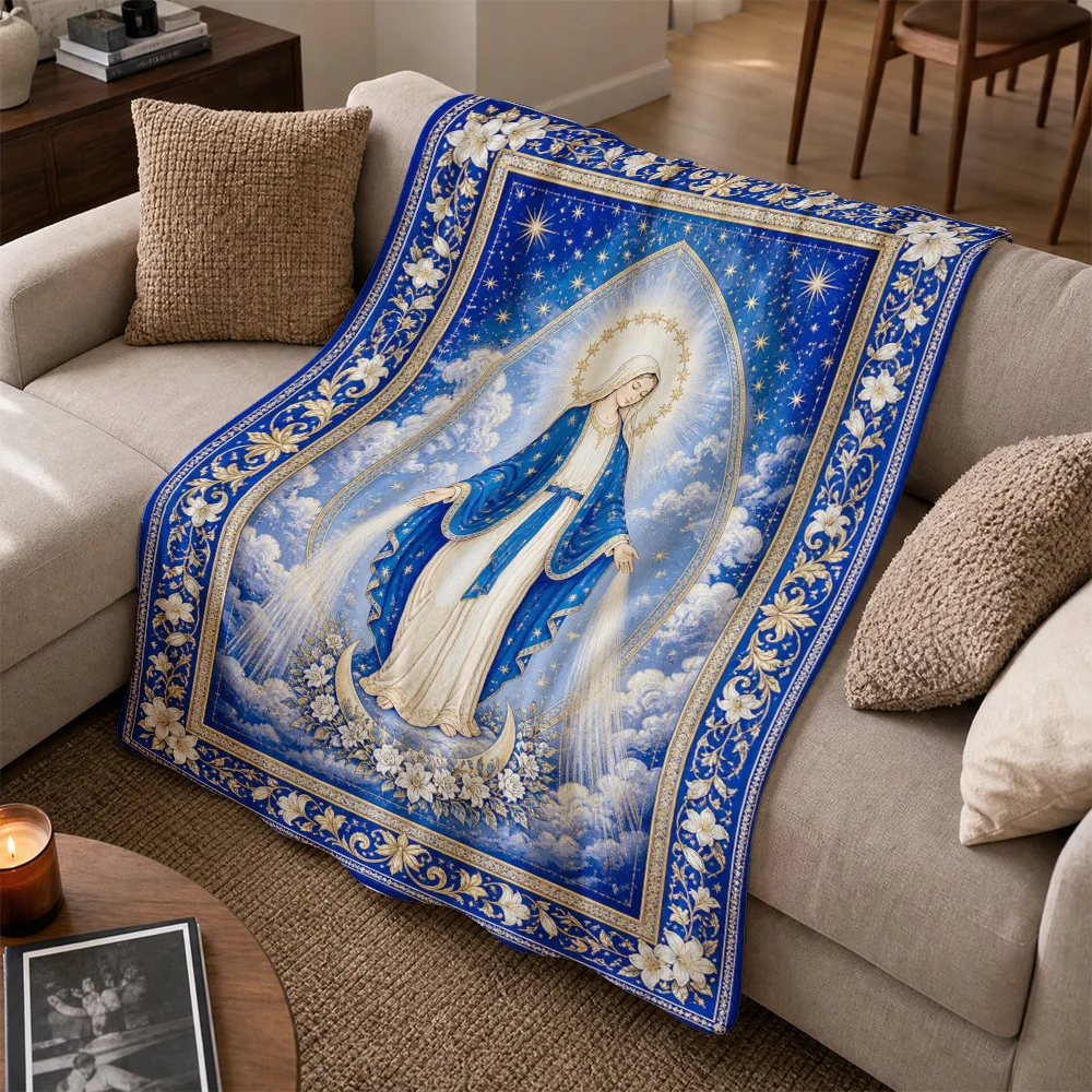 Luxurious Blue Gold Sofa Throw Blanket Tapestry Divine Christian Religious Art Couch Cover for Elegant Living Room Home Decor