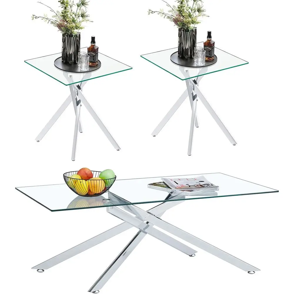 

3-Piece Tempered Glass Coffee Table Set with 2 Square Side Tables for Living Room