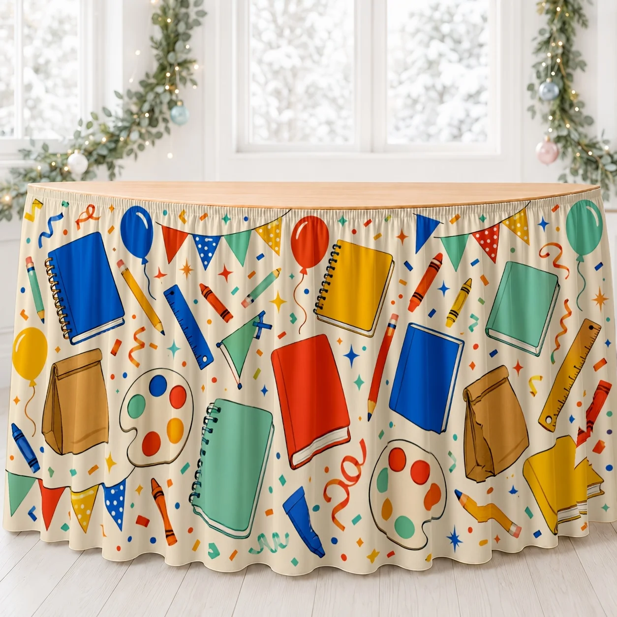 The colorful learning supplies-themed party tablecloth and table skirt are perfect for the back-to-school celebration.zyc