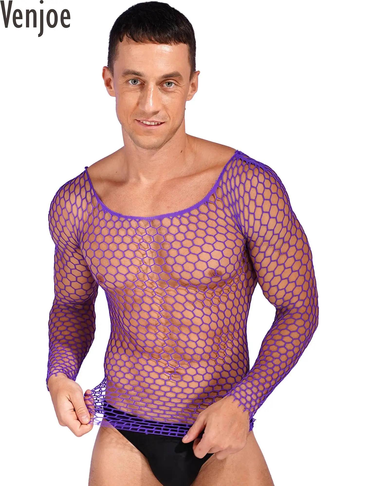 

Mens See-Through Hollow Out Fishnet Tops Round Neck Long Sleeve Tank Top Swimwear High Stretch Mesh T-Shirt Beachwear Nightwear