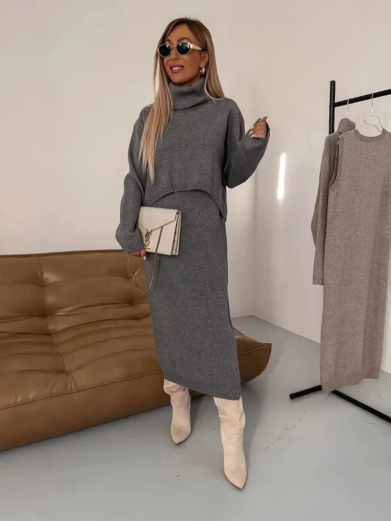 Solid Color High Neck Knitted Buttocks Skirt Two-piece Sets Womens Autumn and Winter New Knitted Set for Women