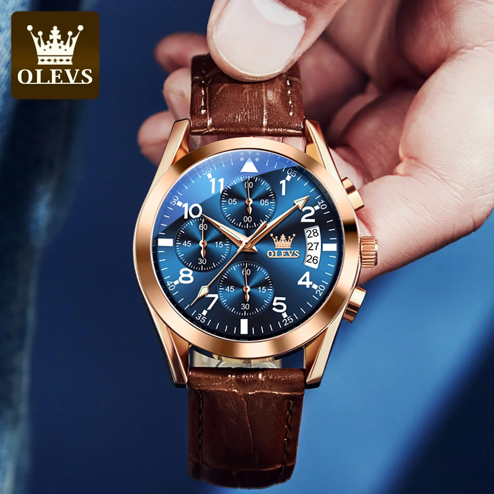 OLEVS 2878 Luxury Brand Quartz Men\'s Watch Business Multi functional Luminous Waterproof Leather Strap Casual Sports Men\'s Watch