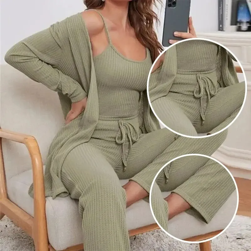 3Piece Women Sets Sling Tops Pants Robe Pajamas Lounge Home Wear Pyjama Pour Femme Slim Fit Loungewear