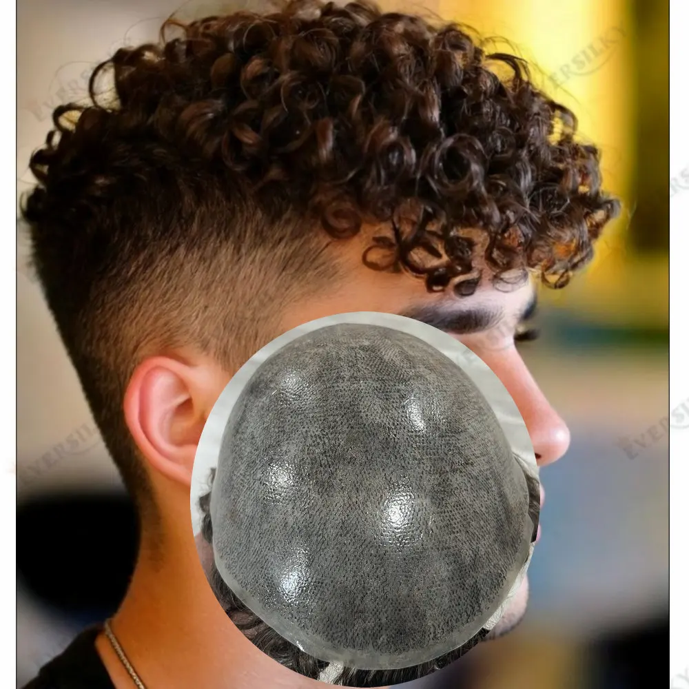 

15 мм афро вьющиеся инъекции мужской парик 0,1 мм кожа полный PU мужские парики Remy индийская система замены человеческих волос Cpillary протез